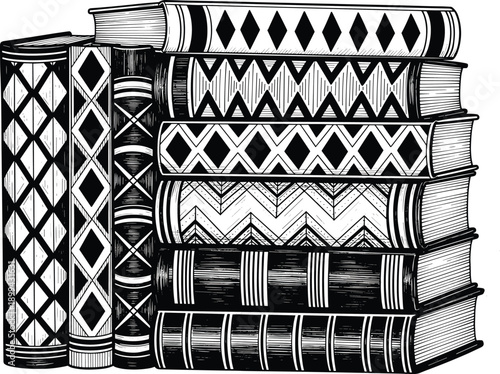 Black and white stack of vintage books with ornate spine designs, illustration for bookbinding art, library decor, literature themes, and antique aesthetics.