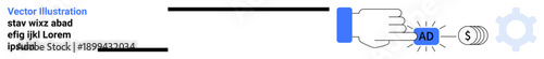 Digital marketing, online advertising, pay-per-click, monetization strategies, ad revenue, ecommerce. Hand pushing an ad button with a dollar sign. Digital marketing and online advertising concept