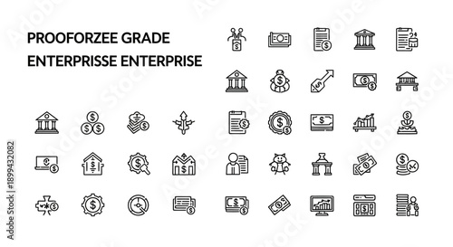 Business Finance Icons: Enterprise, Banking, Money, Growth, Analytics