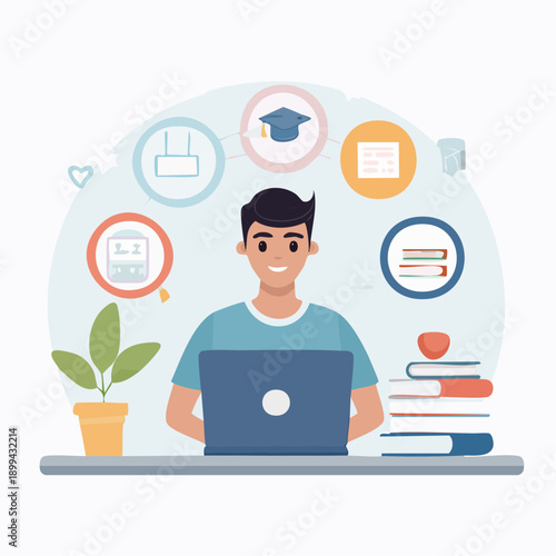 Young student utilizing a laptop for online learning, surrounded by educational icons and books