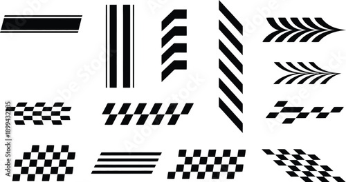 racing stripes and checkered flag vector set for automotive decals and livery design