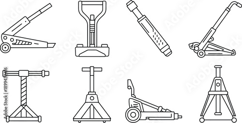car lifting tools and auto repair equipment line icons set