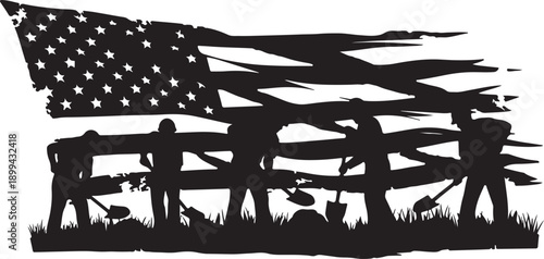 Labor Day celebration workers digging silhouettes US flag grunge style