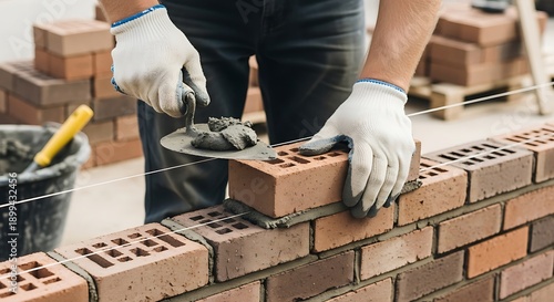 Expert bricklayer carefully installing bricks on a construction project