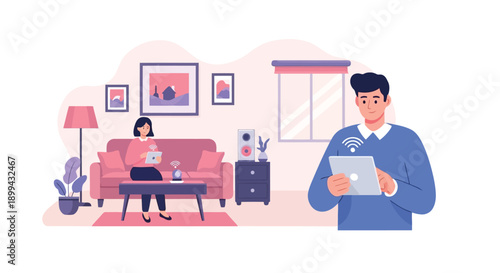 Vector illustration of a man holding a tablet with a woman relaxing on a pink couch in the background, for website or presentation