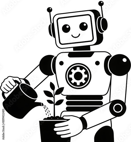 Robot Nurturing Plant: A cute robot tends to a growing plant, symbolizing innovation and care in a blend of technology and nature.