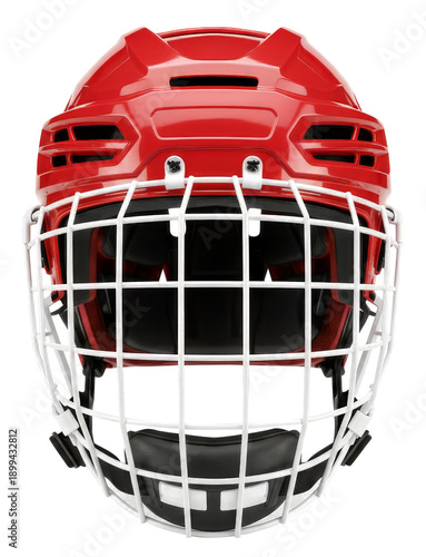Red ice hockey helmet with metal face cage isolated on white background, designed for player safety, protection and professional winter sports equipment concept.PNG File.