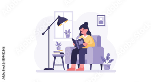 Vector illustration of woman sitting on armchair with laptop, floor lamp, side table, and plants, for website or presentation background