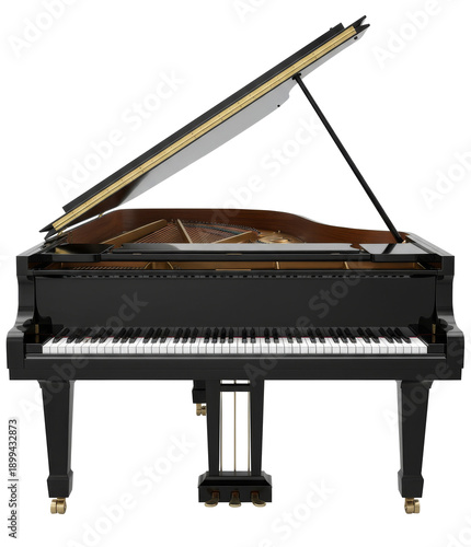 Elegant black grand piano isolated on white background, classic musical instrument with open lid and detailed craftsmanship, suitable for music, concert, and education themes PNG File
