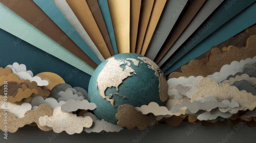 Fototapeta premium Paper cutout of a globe with clouds in the background. The globe is surrounded by a rainbow of colors, giving the impression of a vibrant and lively scene