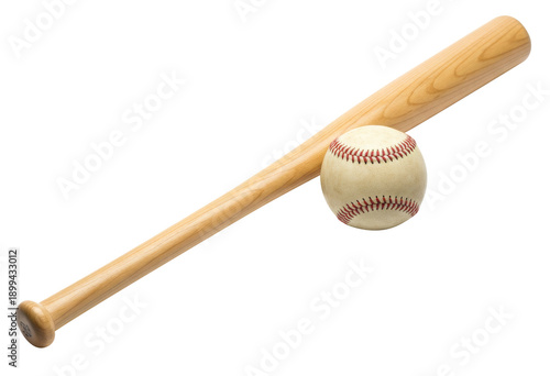 Wooden baseball bat and ball isolated on white background. Sports equipment PNG image suitable for athletic design, training concept, recreation, and baseball promotion use.