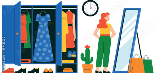 Woman choosing outfit in front of mirror with wardrobe clothes shoes and accessories in modern flat vector illustration style