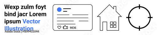 Social media engagement, online profiles, housing solutions, targeting, data visualization, technology tools. A profile card, house and target symbol. Social media engagement and housing solutions