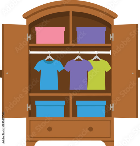 Cartoon wardrobe cabinet with hanging shirts and storage boxes in simple flat vector illustration style