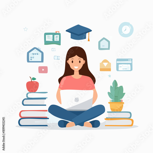 Smiling student embracing online learning from home, utilizing a laptop surrounded by digital and academic icons, symbolizing remote education and personal development