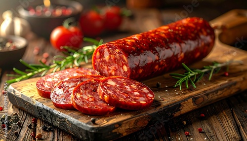 Sliced Spanish chorizo sausage on a rustic wooden cutting board.
