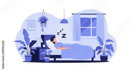 Healthy Night Sleep Routine Illustration with Calm Bedroom and Relaxed Sleeping Person