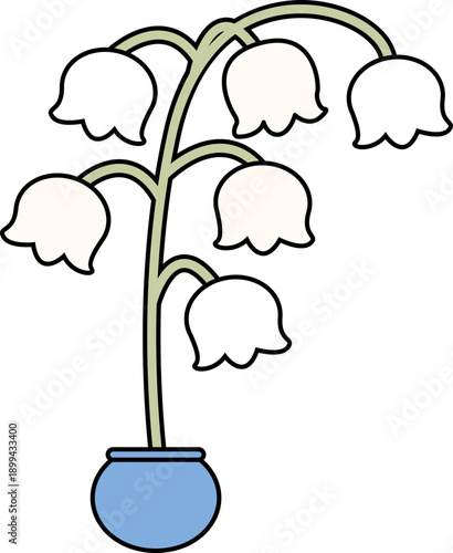 Lily of the valley flower in a small vase illustration, simple white bell flowers vector, bold line art, minimalist botanical element
