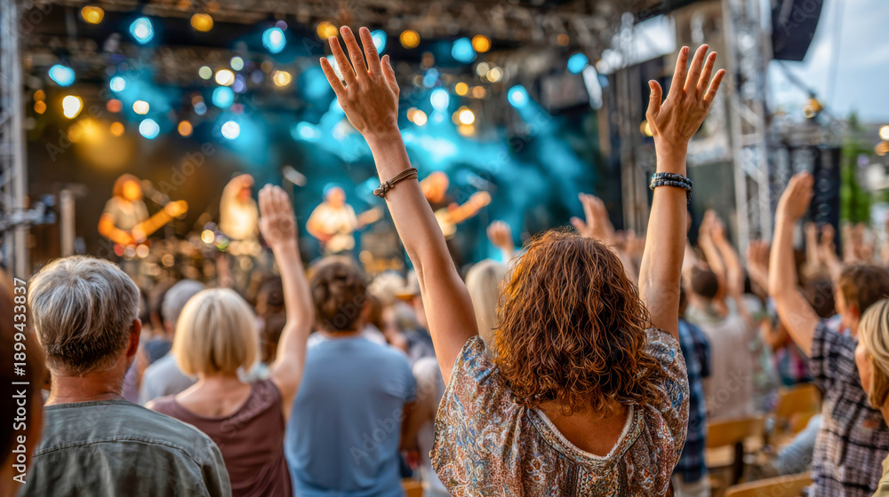 Obraz premium Celebration of music and joy as the crowd dances under vibrant lights at an outdoor concert