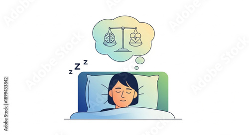 Sleep Health and Emotional Balance Vector Illustration, Woman Resting at Night with Mental and Heart Wellness Symbols