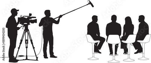 Professional film crew capturing a television interview with a panel of experts, showcasing modern media production and broadcast techniques in a dynamic studio setting