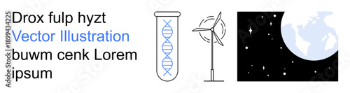 Biotechnology, renewable energy, space science, environmental conservation, innovation, research. DNA helix, wind turbine and moon in simple graphics. Biotechnology and renewable energy