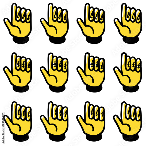 A colorful collection of hand vector illustrations and gestures featuring palm silhouettes, fingers, and volunteer signs representing a group of people coming together for a charity help concept