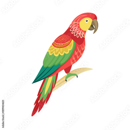 Vibrant red and yellow macaw parrot with colorful feathers and a sharp beak isolated on a white background, depicting an exotic tropical bird from the wild nature of the jungle