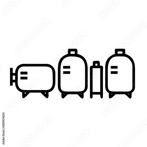 Vector illustration set featuring a gas pump, plastic oil bottles, and travel luggage icons including a suitcase and battery symbol for business trip design