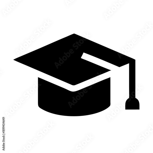 A black graduation cap icon with a tassel symbolizes academic success and student achievement for a university or college graduate earning a diploma or degree through education and learning