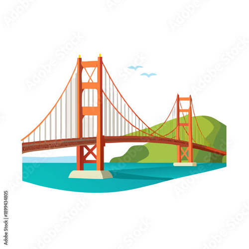 The majestic red structure of the Golden Gate Bridge spans the blue water of the San Francisco Bay, a landmark of California architecture where the city meets the Pacific ocean under a clear sky