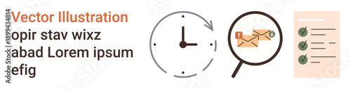 Productivity, time management, organization, communication, workflow, task tracking. Clock, magnifying glass over emails checklist with items completed. Productivity and time management concept