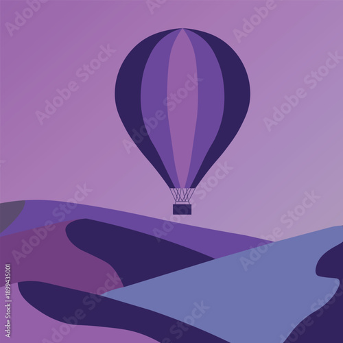 Hot air balloon flying over abstract purple desert landscape
