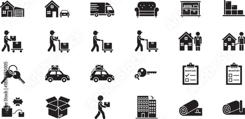 Set of monochrome icons representing various aspects of moving and relocation services, including transportation, packing, and property