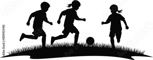 Silhouette of children playing football on grassy field, representing childhood fun, teamwork, outdoor activity, healthy lifestyle, and joyful sports recreation concept illustration