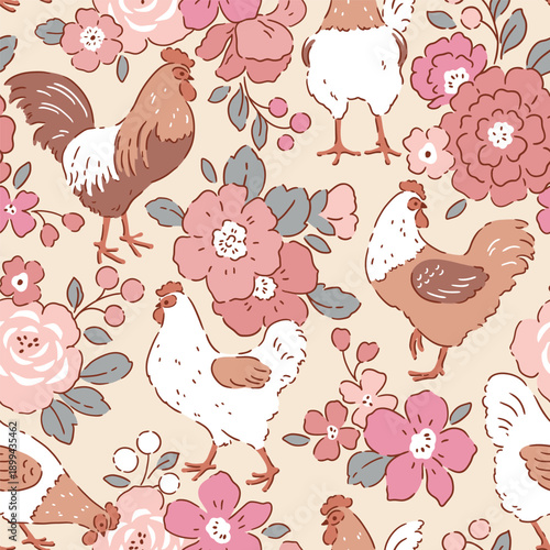 Wallpaper Mural Seamless vector pattern with floral chickens and summer flowers. Hand drawn floral background with white hen. Perfect for textile, wallpaper or nursery print design. Torontodigital.ca