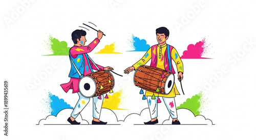 Two men playing dhol drums with colorful powder splashes traditional Indian festival celebration vector illustration for music and culture