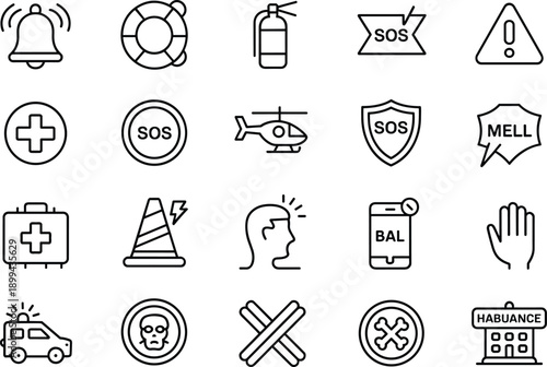 Emergency icons set featuring important safety and warning signs for crisis situations