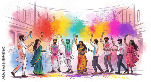 People celebrating Holi festival with vibrant colors a joyful cultural event with traditional Indian attire illustration for festivals and ce