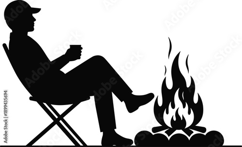 Silhouette of man sitting on folding chair beside campfire holding cup, representing outdoor relaxation, camping lifestyle, wilderness travel, and peaceful night adventure concept illustration