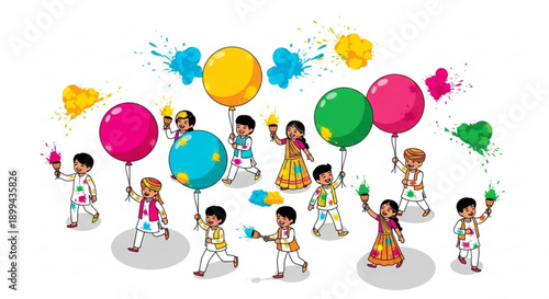 Children celebrating Holi festival with balloons and colors traditional Indian attire vector illustration for festive design