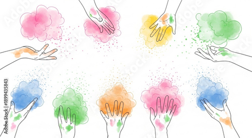 Hands holding colorful powder clouds abstract concept of Holi festival celebration creative illustration for design