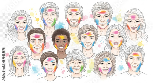 Diverse group of people with colorful powder paint on faces celebrating Holi festival concept of joy and unity illustration on white backgrou