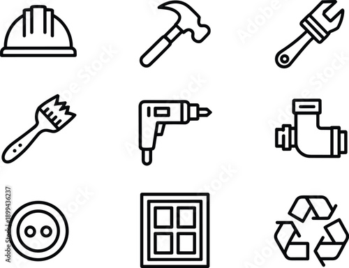 Industrial construction tools and building equipment line icons set for professional repair service