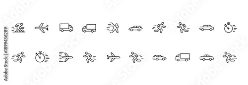 Speed, fast delivery and transportation vector icon set showing running man, airplane, truck, car, and stopwatch