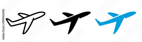 Airplane outline solid black and blue icons for flight travel journey aviation transport and airline transportation concept elements
