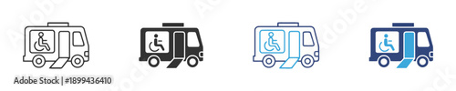 Accessible transportation symbol icons for disabled people featuring a wheelchair ramp and accessible van, linear and solid filled versions.