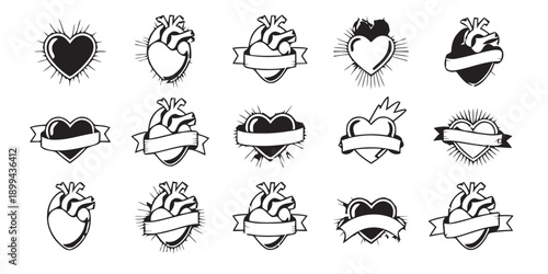 Anatomical heart illustrations with banners and rays, classic tattoo style, black and white artwork, emotional and expressive symbols, vintage aesthetic, love and passion