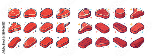 Assortment of raw meat cuts isolated on white background, isometric view, stylized icons, colorful and sparkling, representing different beef steak types, 