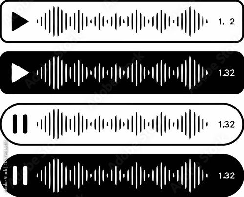 Audio waveform player interfaces in black and white with play and pause icons and timecodes, representing sound recording and playback controls